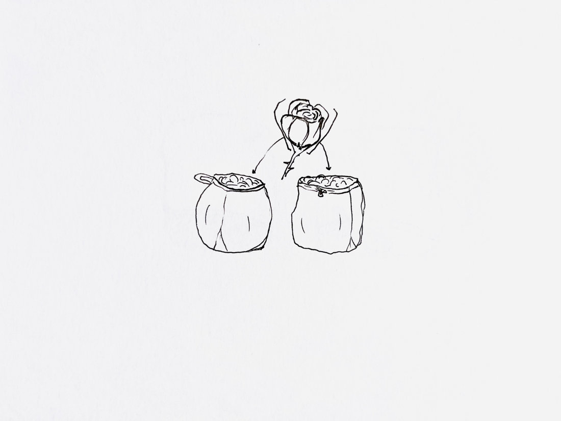An artistic drawing by Franzi Goralski, that shows a rose head, above two full bags with roses
